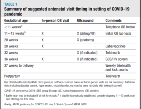 Summary of suggested antenatal visit timing in setting of COVID-19 pandemic